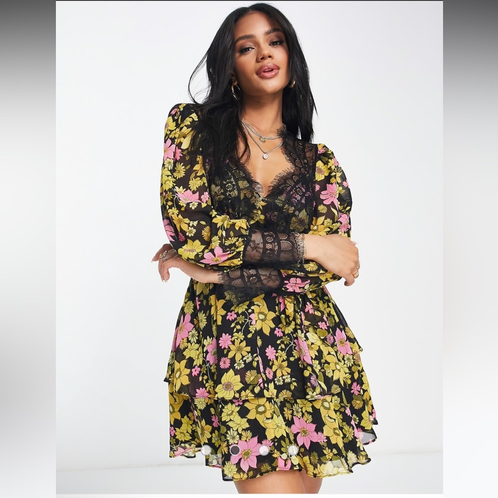 ASOS Design Soft Mini Skater Dress in Pink Floral Print w/ Eyelash Lace Sz 6 NWT